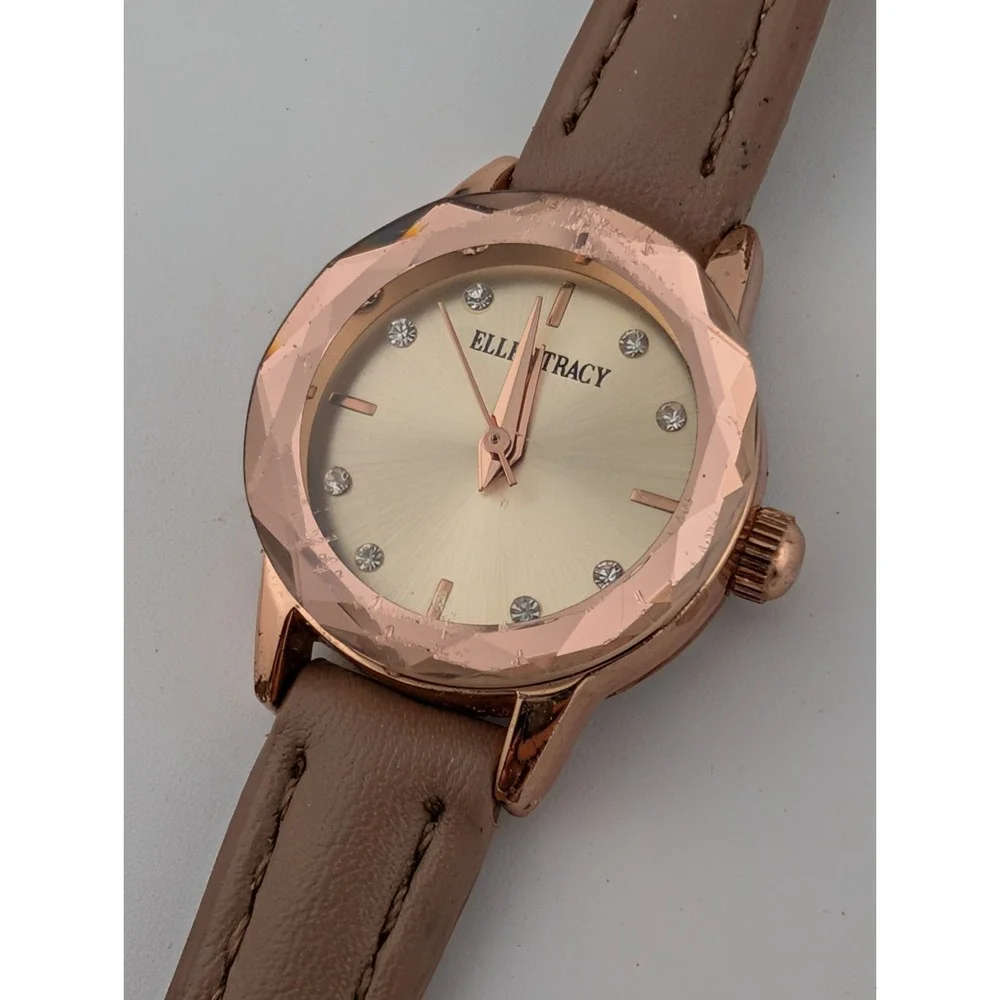 Ellen Tracy Watch Women 22mm Rose Gold Case Beige Faux Leather Band- New Battery